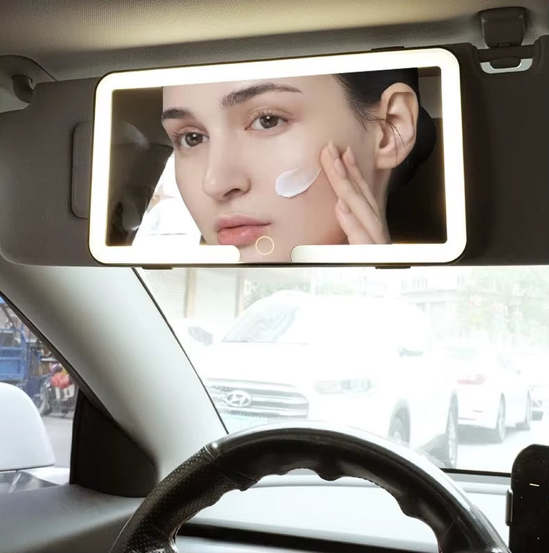Portable USB Rechargeable LED Makeup Mirror Fashion Car Visor with Magnify and Three Color Lights Touch Switch Sun-Shading