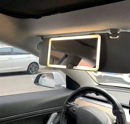 Portable USB Rechargeable LED Makeup Mirror Fashion Car Visor with Magnify and Three Color Lights Touch Switch Sun-Shading