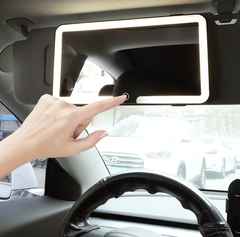 Portable USB Rechargeable LED Makeup Mirror Fashion Car Visor with Magnify and Three Color Lights Touch Switch Sun-Shading
